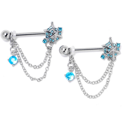 14G 9/16 Blue CZ Gem Spiderweb Chain Dangle Nipple Ring Set