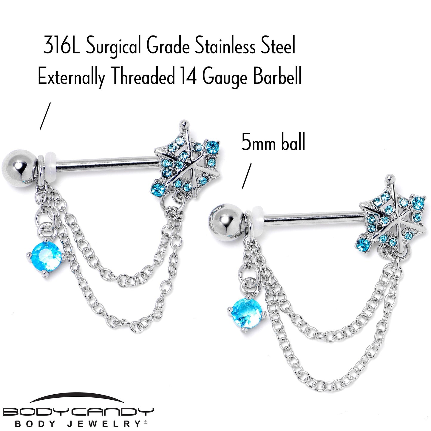 14G 9/16 Blue CZ Gem Spiderweb Chain Dangle Nipple Ring Set