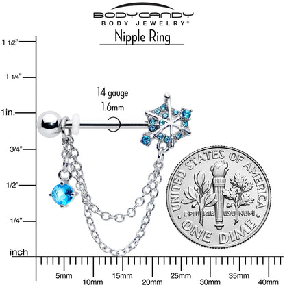 14G 9/16 Blue CZ Gem Spiderweb Chain Dangle Nipple Ring Set