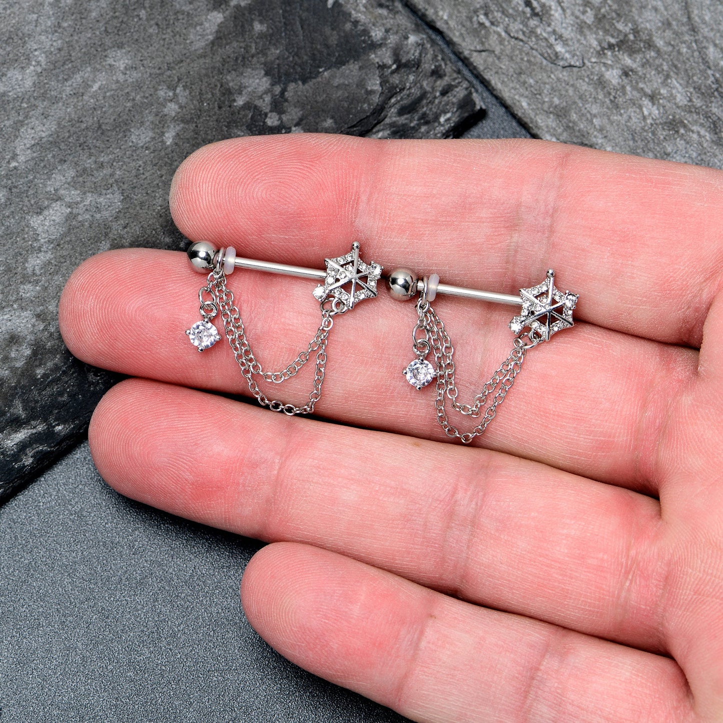 14G 9/16 Clear CZ Gem Spiderweb Chain Dangle Nipple Ring Set