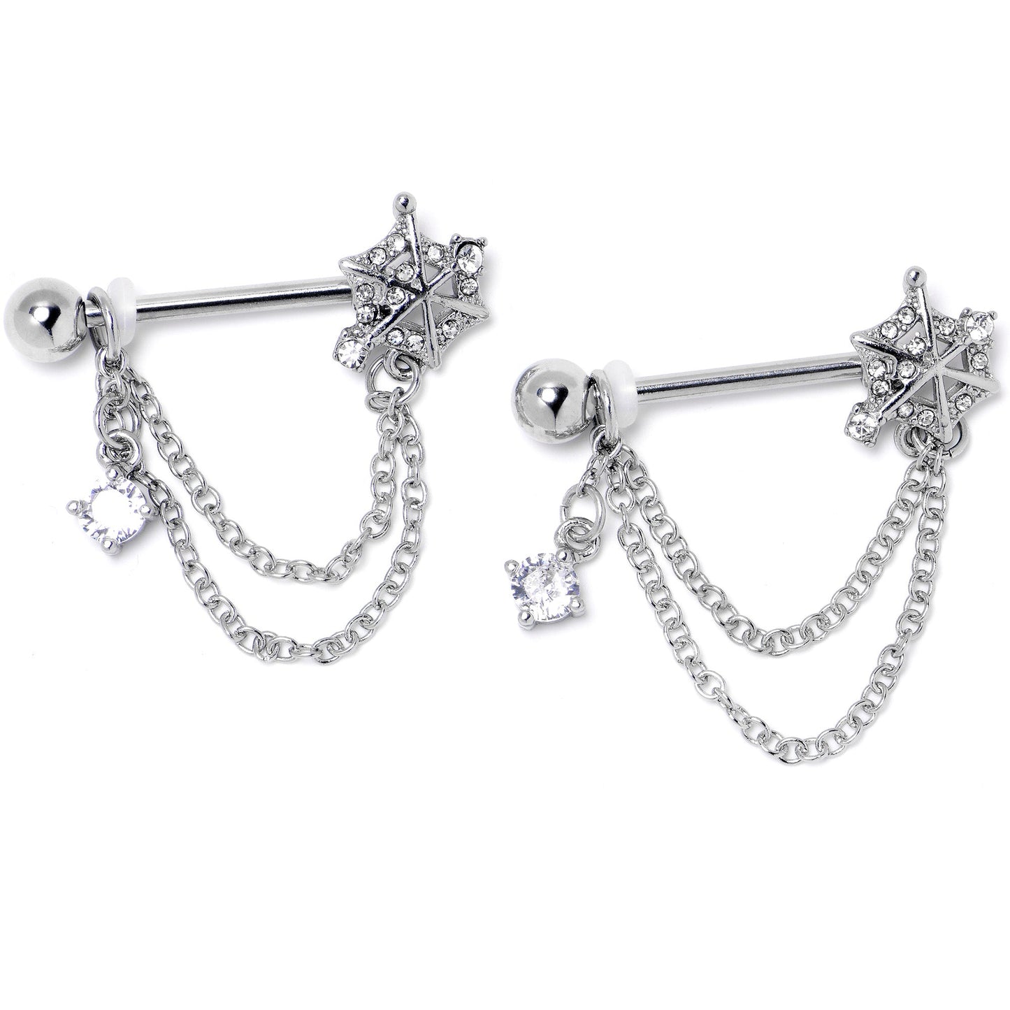 14G 9/16 Clear CZ Gem Spiderweb Chain Dangle Nipple Ring Set