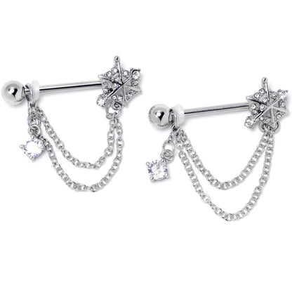 14G 9/16 Clear CZ Gem Spiderweb Chain Dangle Nipple Ring Set