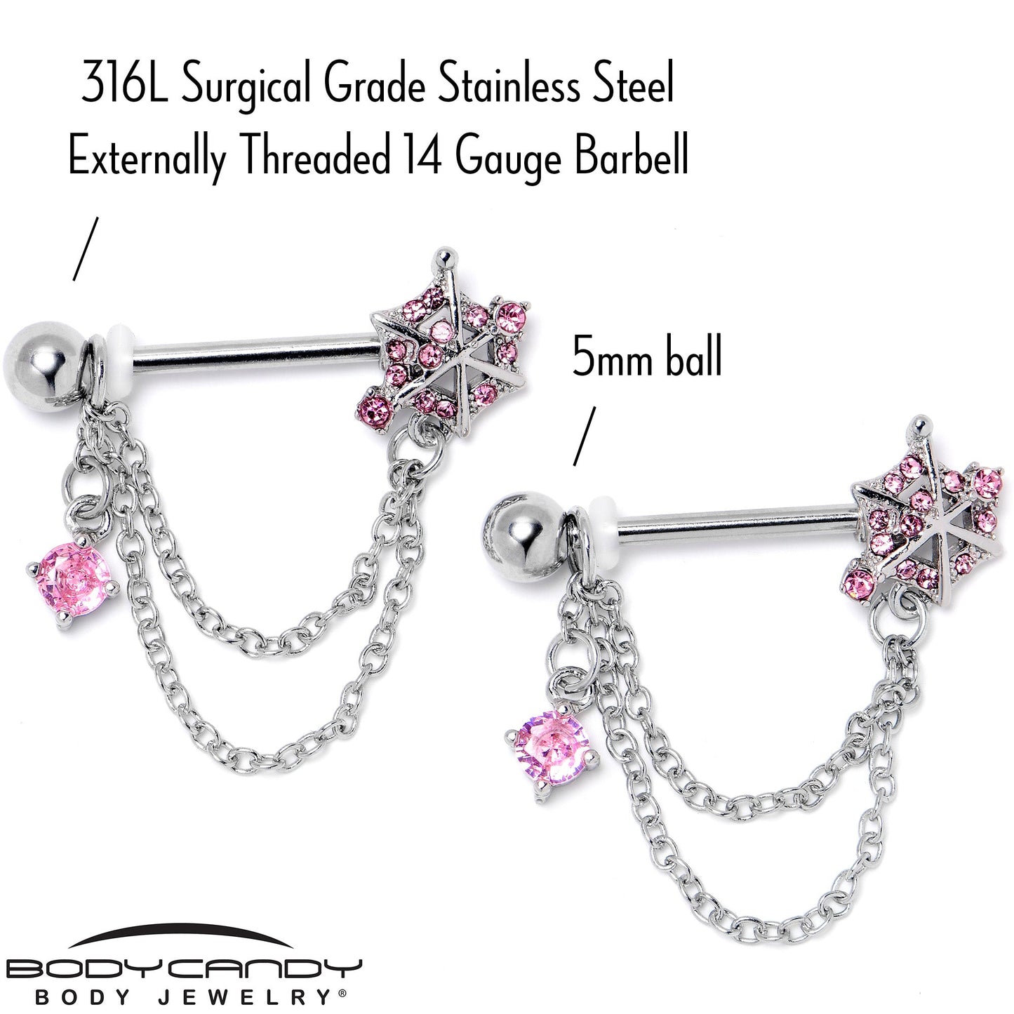 14G 9/16 Pink CZ Gem Spiderweb Chain Dangle Nipple Ring Set