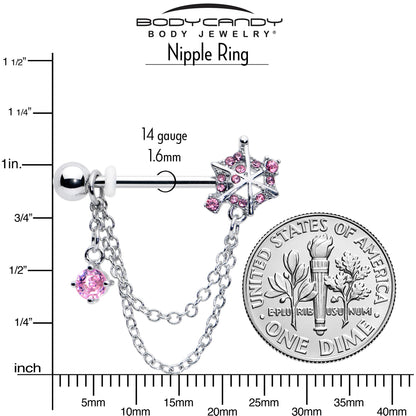 14G 9/16 Pink CZ Gem Spiderweb Chain Dangle Nipple Ring Set