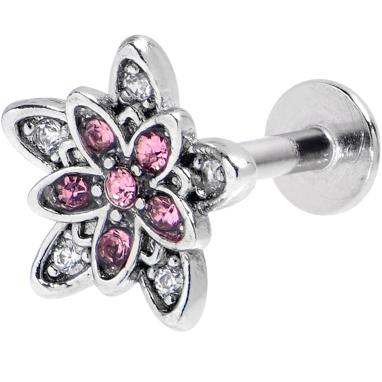 16G 5/16 Pink Clear CZ Gem Snowflake Flower Labret Monroe Tragus