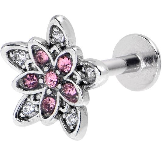 16G 5/16 Pink Clear CZ Gem Snowflake Flower Labret Monroe Tragus