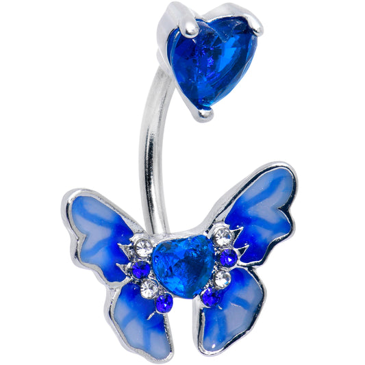 Blue CZ Gem Butterfly Love Heart Double Mount Belly Ring