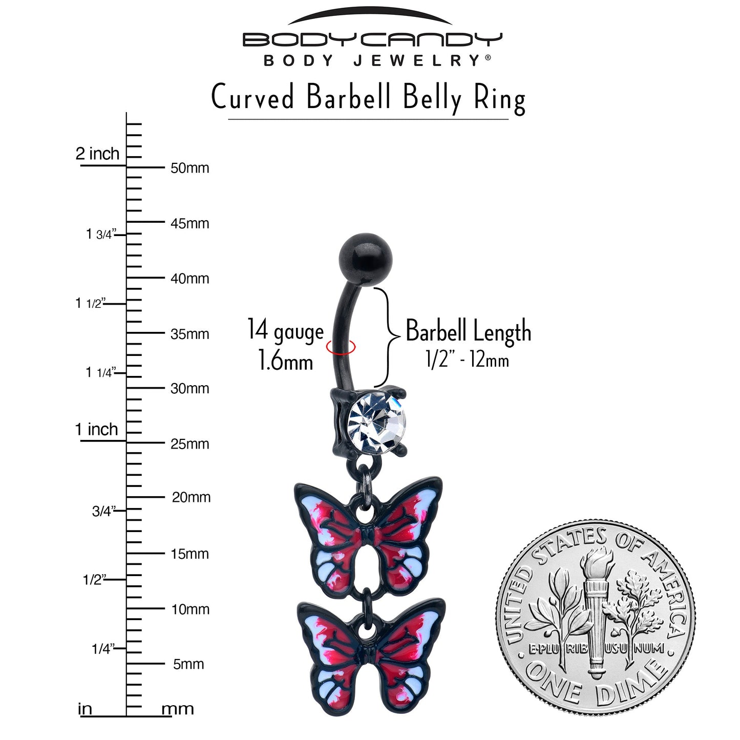 Clear CZ Gem Black Butterfly Duo Red Dangle Belly Ring