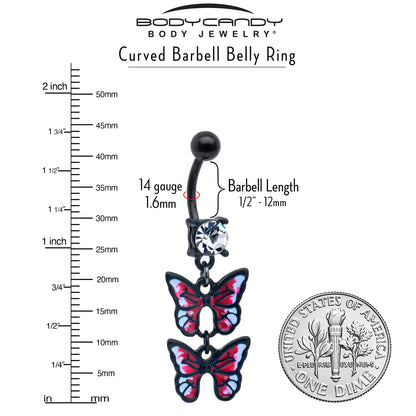 Clear CZ Gem Black Butterfly Duo Red Dangle Belly Ring