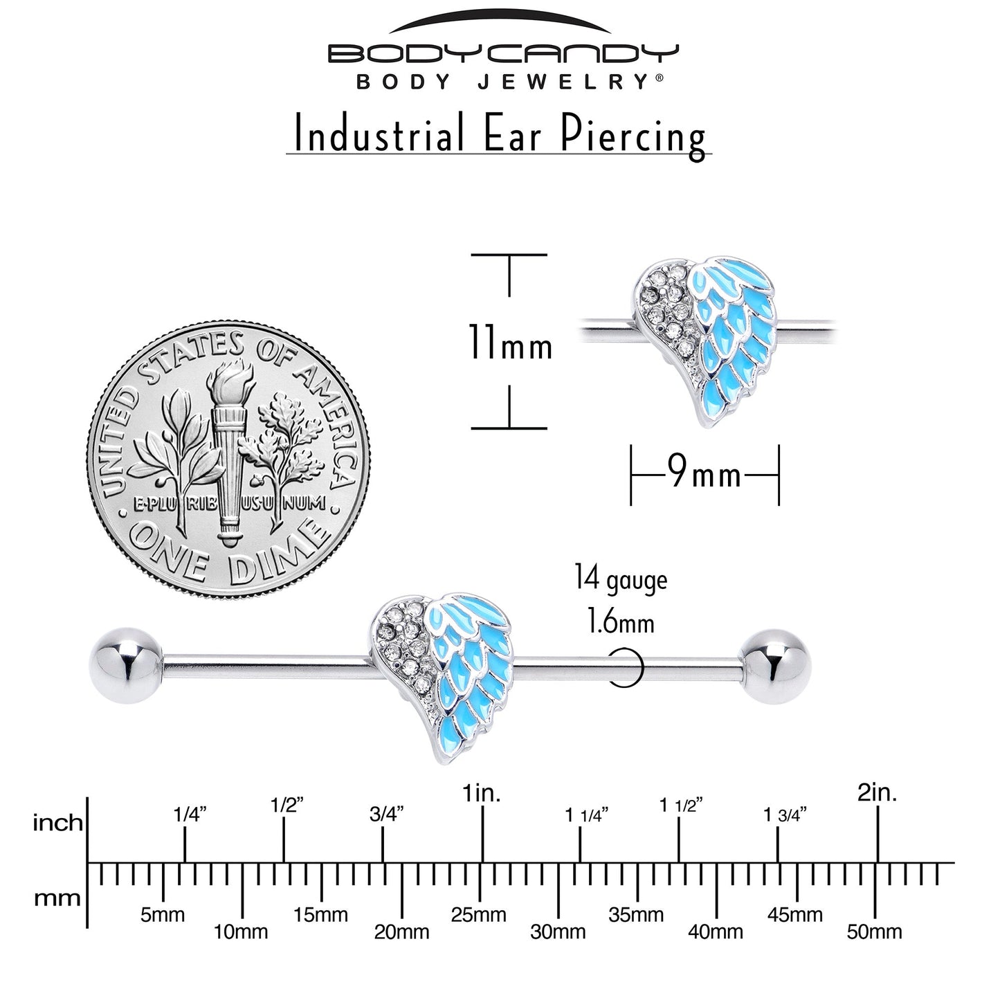 14G Blue Heavenly Heart Angel Wings Industrial Barbell 38mm
