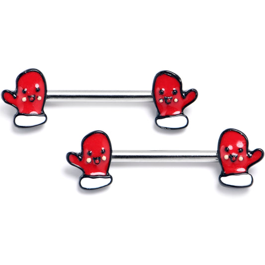 14G 9/16 Winter Mitten Red White Barbell Nipple Ring Set