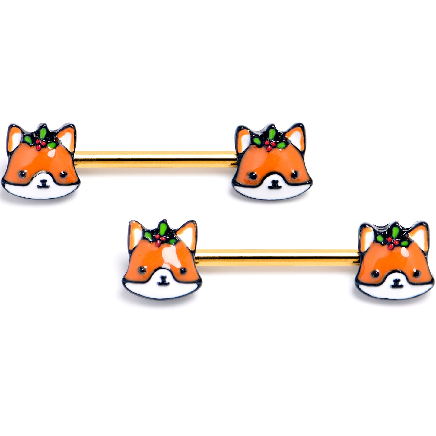 14G 9/16 Gold Tone Holly Holiday Fox Barbell Nipple Ring Set