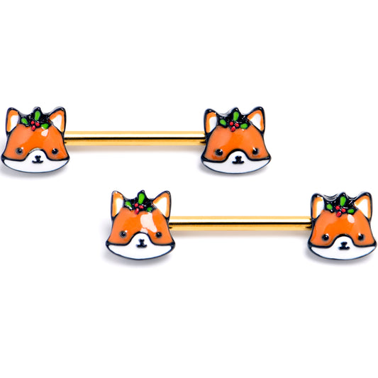 14G 9/16 Gold Tone Holly Holiday Fox Barbell Nipple Ring Set