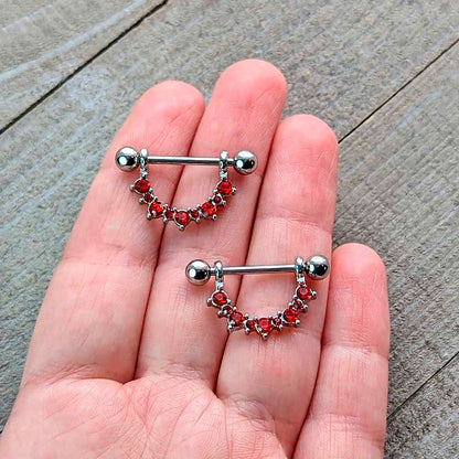 14G 9/16 Red CZ Gem January Birthstone Dangle Nipple Shield Set