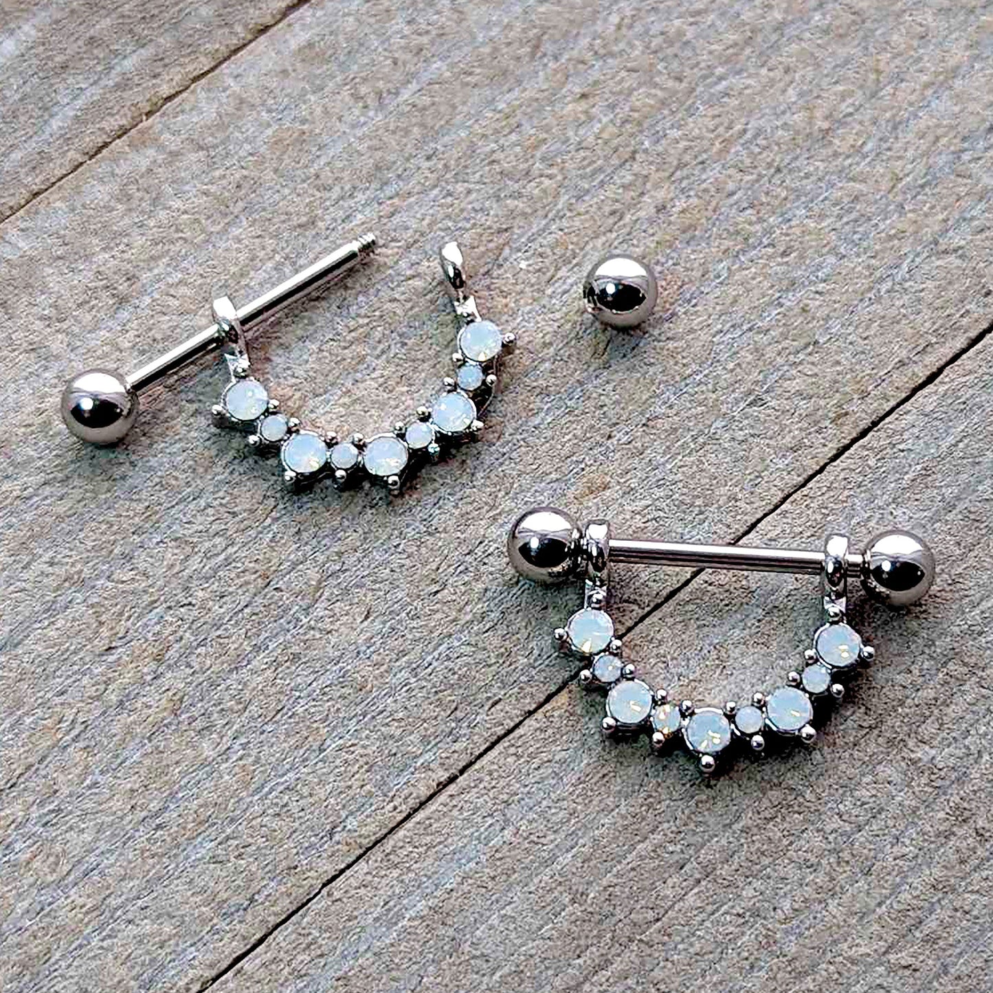 14G 9/16 White Synthetic Opal October Birthstone Nipple Shield Set