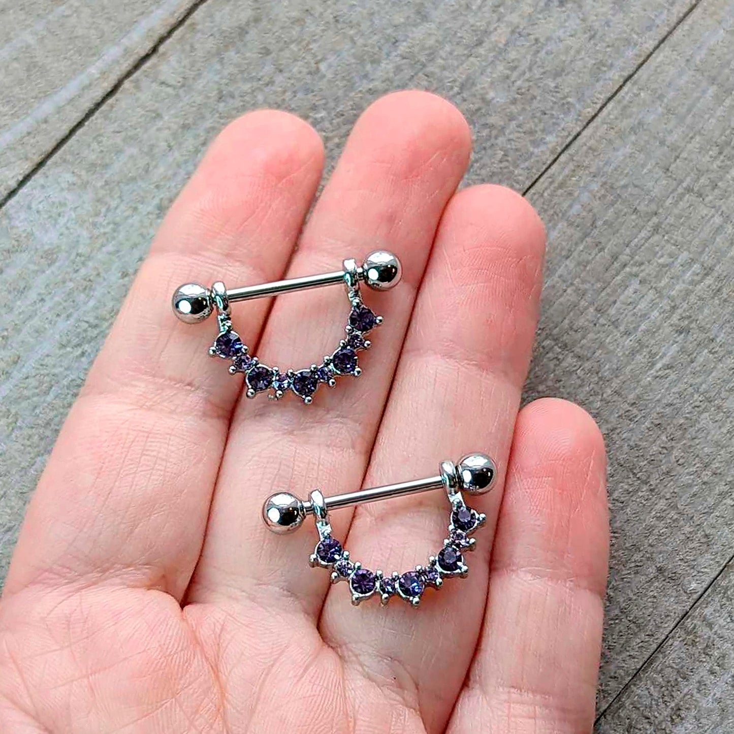 14G 9/16 Purple CZ Gem February Birthstone Dangle Nipple Shield Set