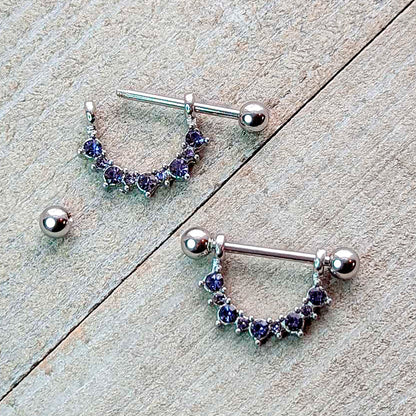 14G 9/16 Purple CZ Gem February Birthstone Dangle Nipple Shield Set