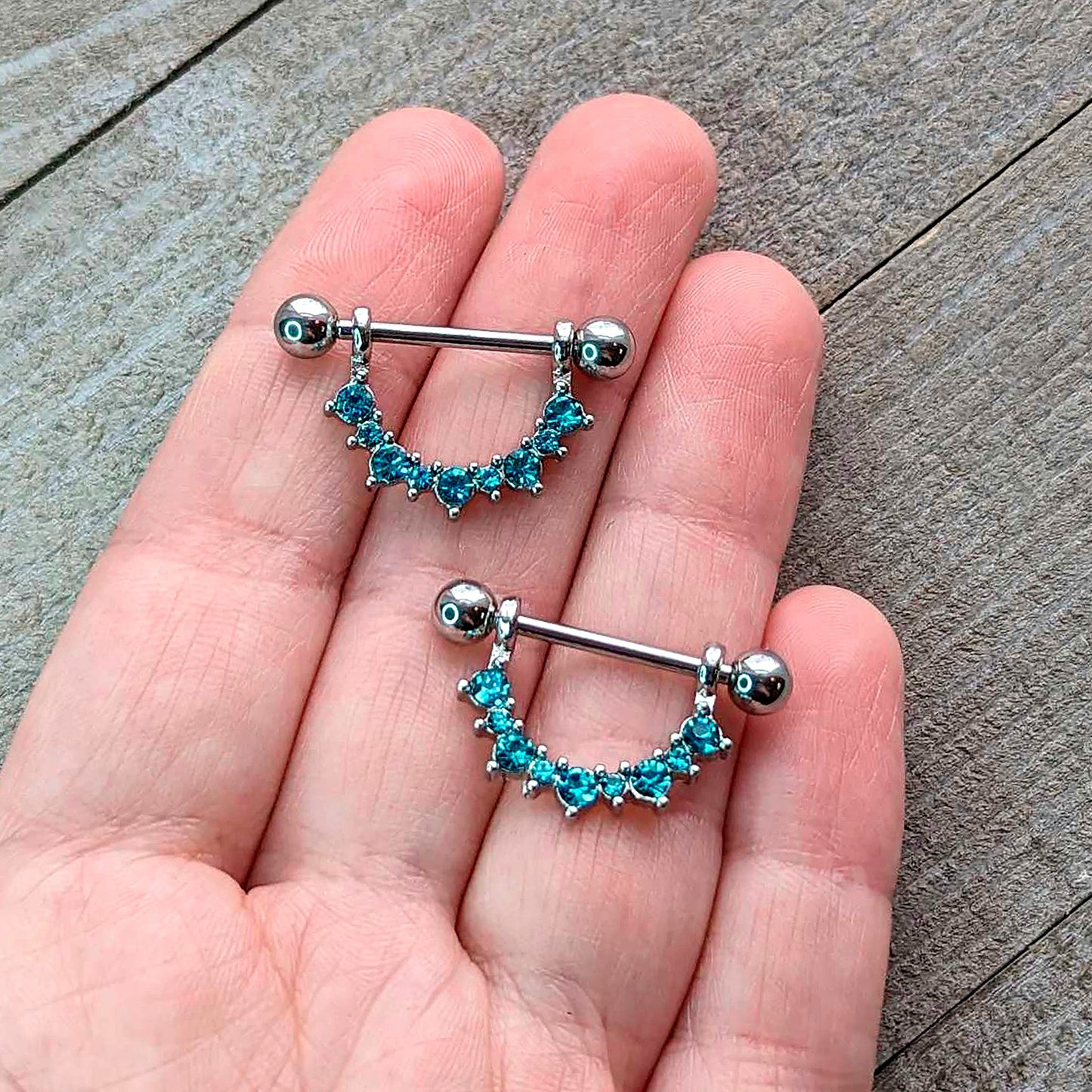 14G 9/16 Blue CZ Gem March Birthstone Dangle Nipple Shield Set