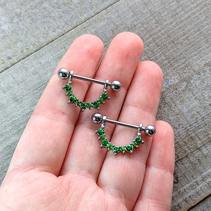 14G 9/16 Green CZ Gem August Birthstone Dangle Nipple Shield Set