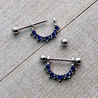 14G 9/16 Blue CZ Gem September Birthstone Dangle Nipple Shield Set