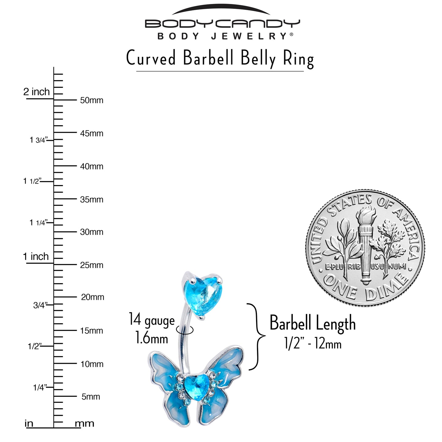 Aqua CZ Gem Butterfly Love Heart Double Mount Belly Ring