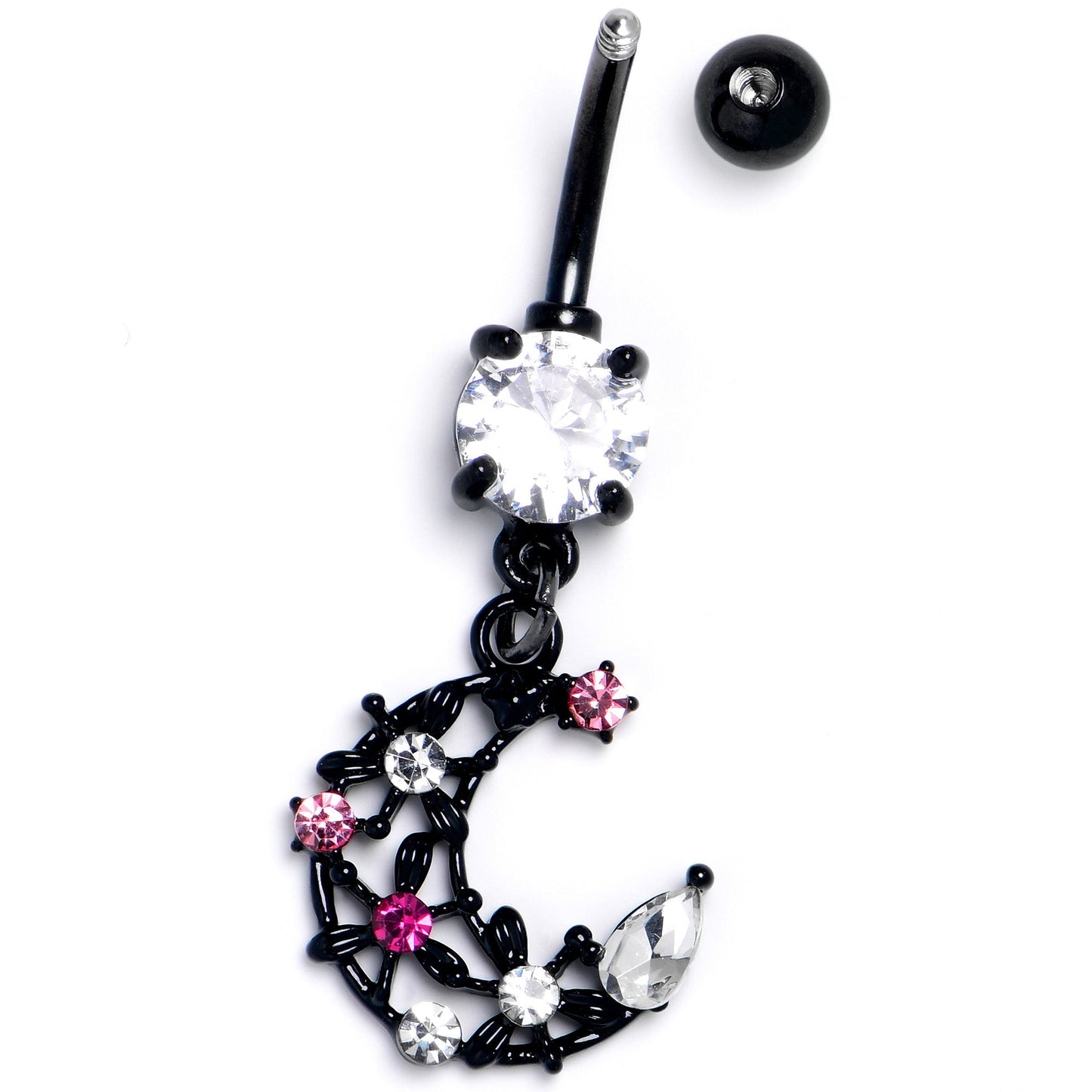 Clear Pink CZ Gem Black Flower Moon Dangle Belly Ring
