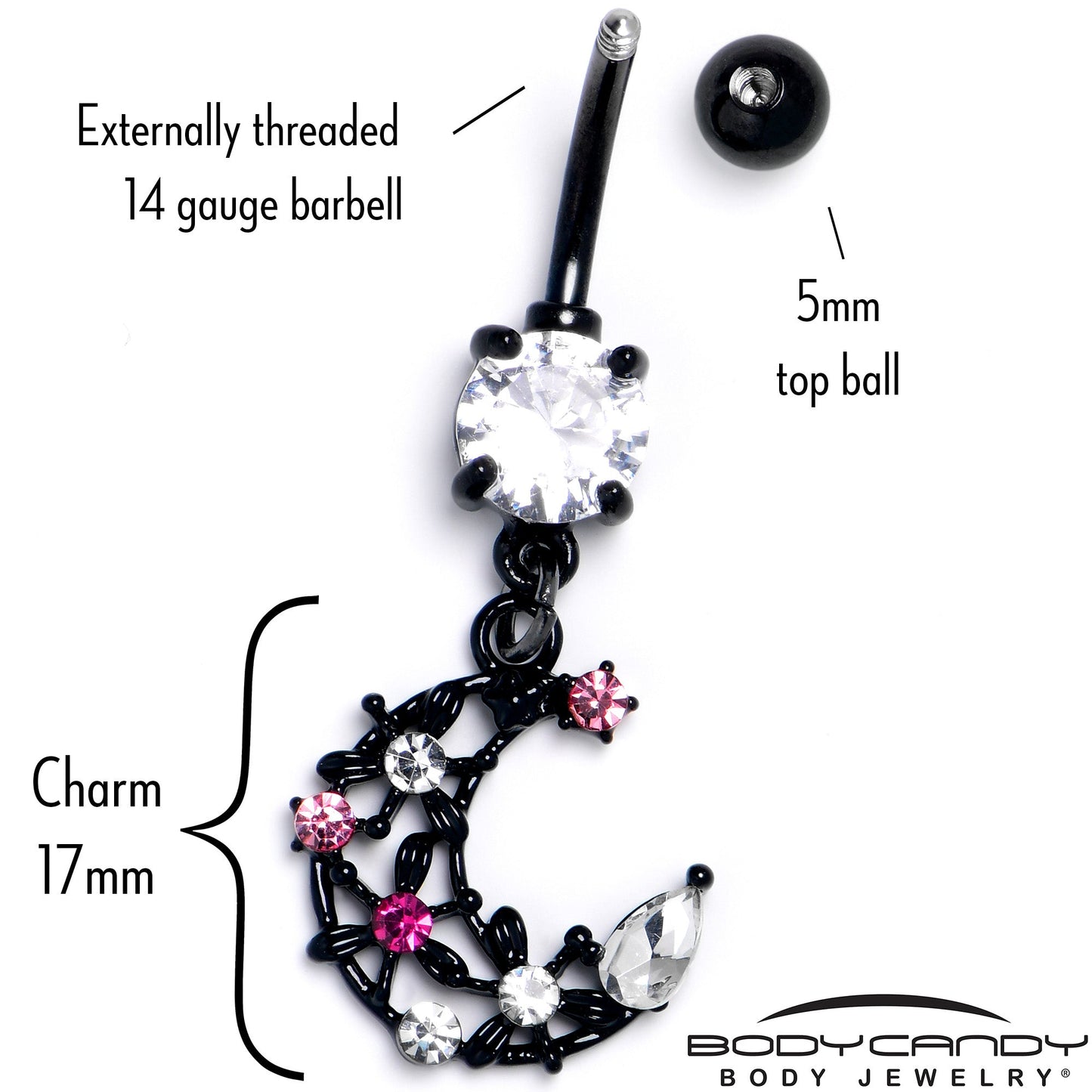 Clear Pink CZ Gem Black Flower Moon Dangle Belly Ring