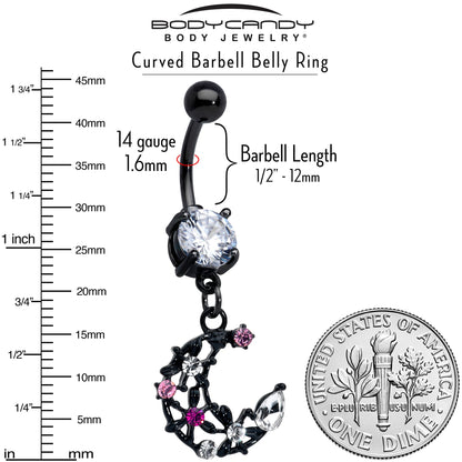 Clear Pink CZ Gem Black Flower Moon Dangle Belly Ring