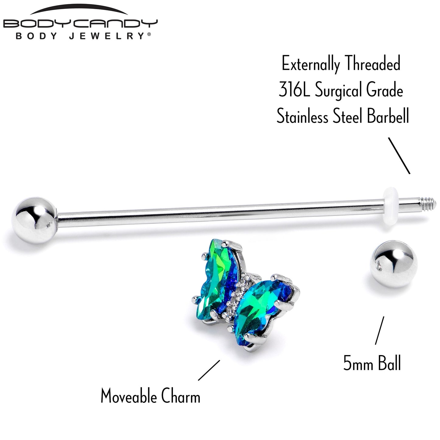 14G Green CZ Gem Simply Colorful Butterfly Industrial Barbell 38mm