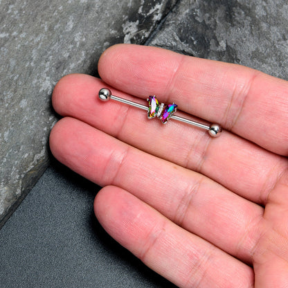 14G Rainbow CZ Gem Simply Colorful Butterfly Industrial Barbell 38mm