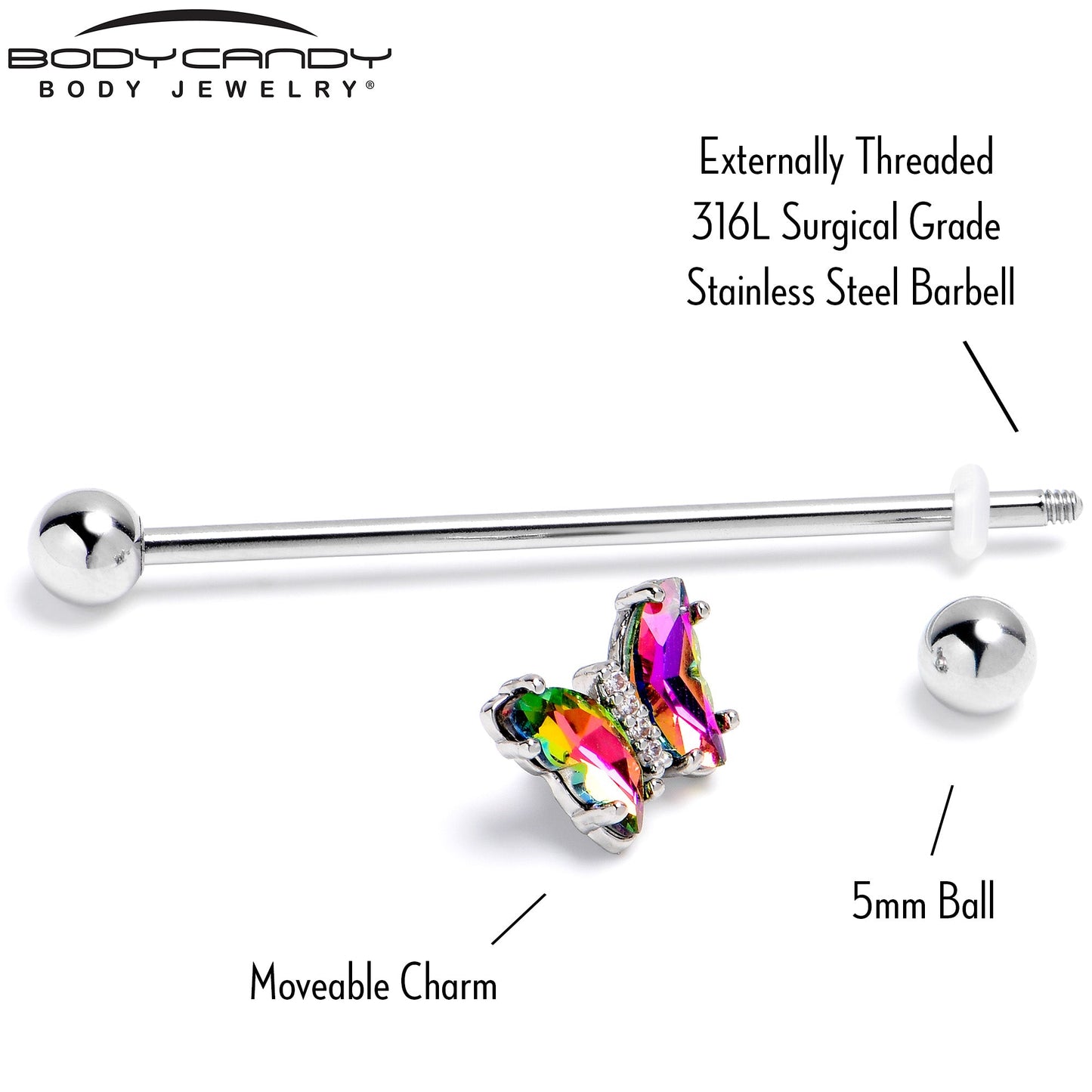 14G Rainbow CZ Gem Simply Colorful Butterfly Industrial Barbell 38mm