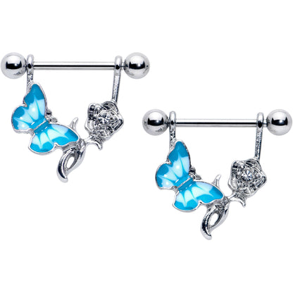 14G 9/16 Butterfly Blue Rose Flower Dangle Nipple Ring Set
