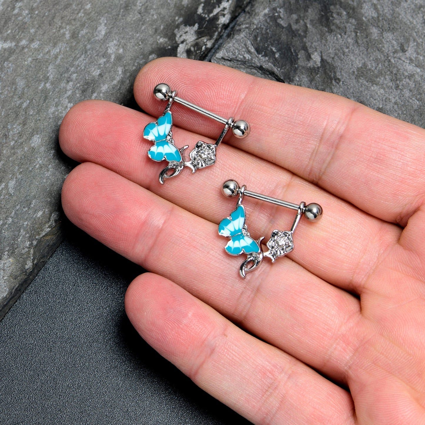 14G 9/16 Butterfly Blue Rose Flower Dangle Nipple Ring Set