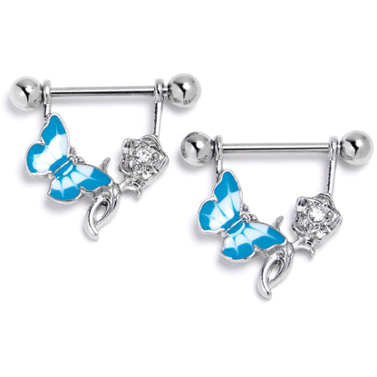 14G 9/16 Butterfly Blue Rose Flower Dangle Nipple Ring Set