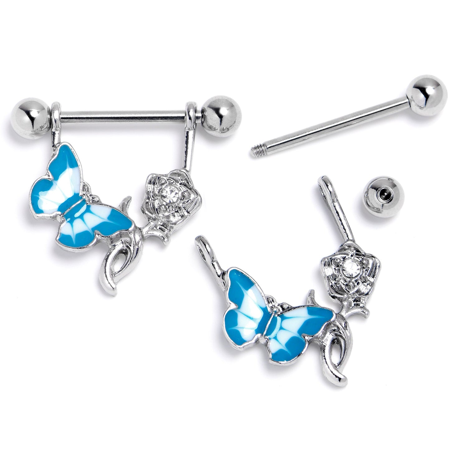 14G 9/16 Butterfly Blue Rose Flower Dangle Nipple Ring Set
