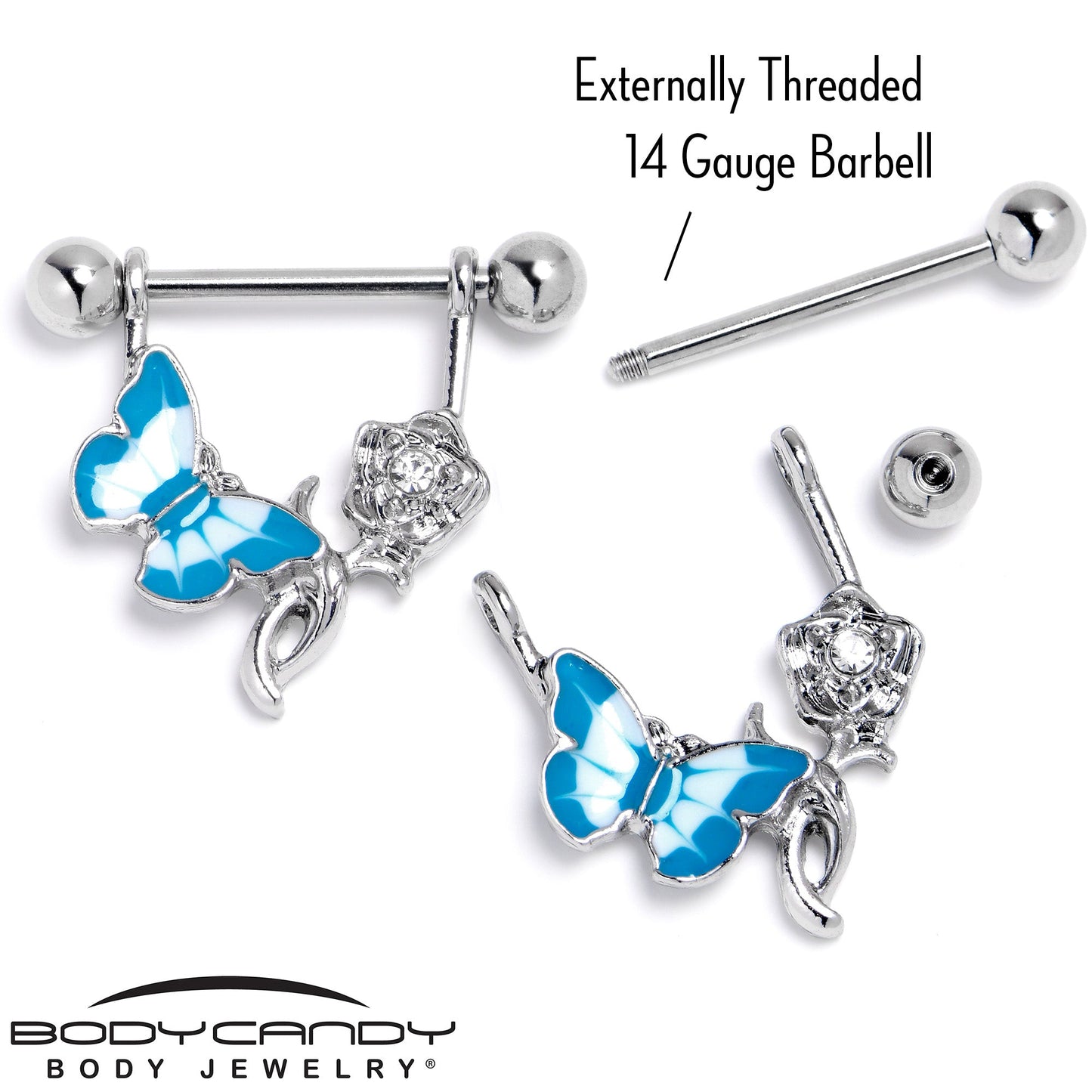 14G 9/16 Butterfly Blue Rose Flower Dangle Nipple Ring Set