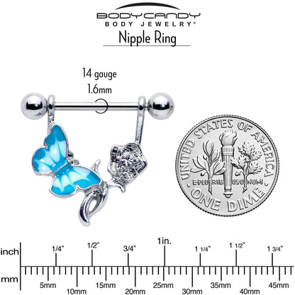 14G 9/16 Butterfly Blue Rose Flower Dangle Nipple Ring Set