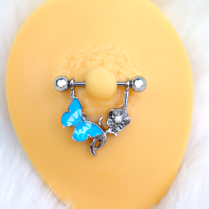 14G 9/16 Butterfly Blue Rose Flower Dangle Nipple Ring Set