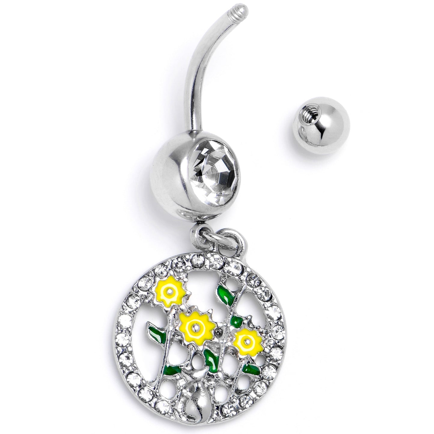 Clear Gem Cat Yellow Flowers Dangle Belly Ring