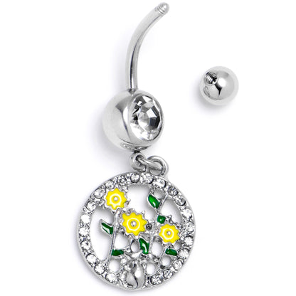 Clear Gem Cat Yellow Flowers Dangle Belly Ring