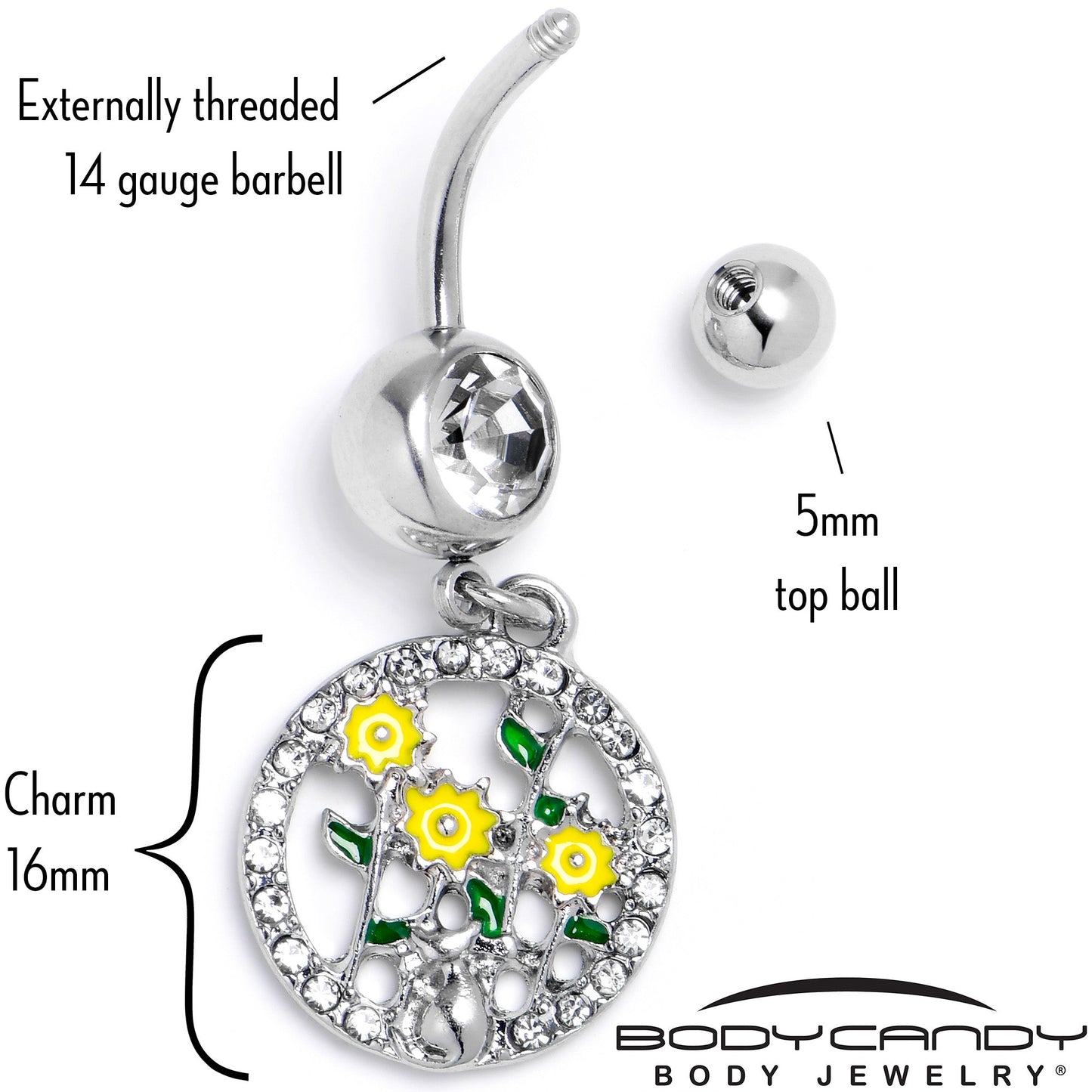 Clear Gem Cat Yellow Flowers Dangle Belly Ring
