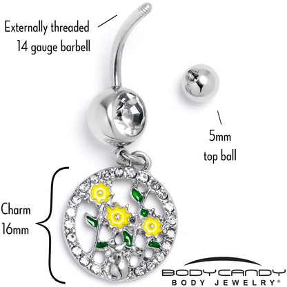 Clear Gem Cat Yellow Flowers Dangle Belly Ring