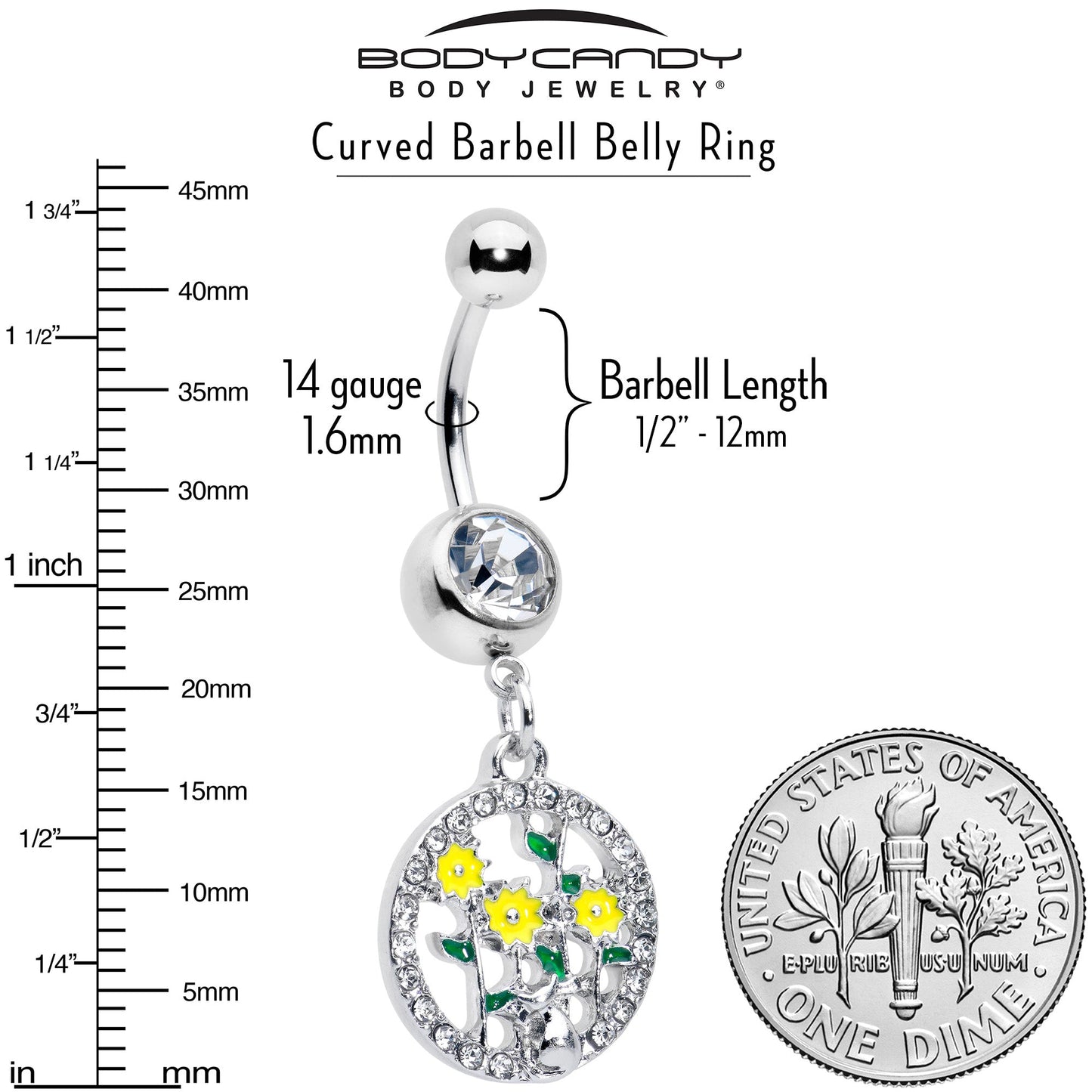 Clear Gem Cat Yellow Flowers Dangle Belly Ring