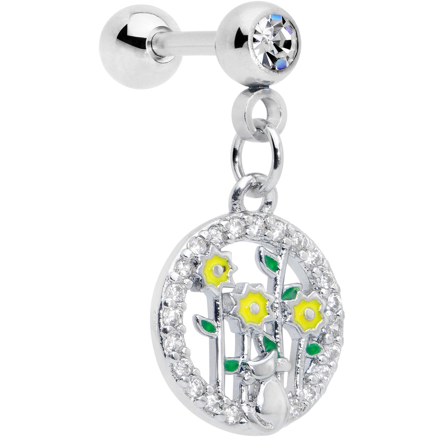 16G 1/4 Clear Gem Cat Yellow Flowers Dangle Cartilage Earring