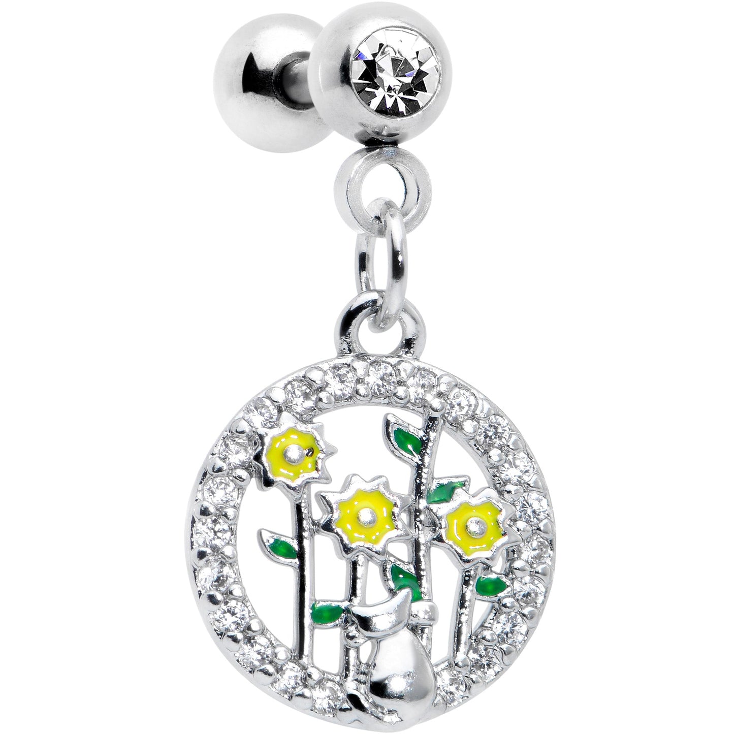 16G 1/4 Clear Gem Cat Yellow Flowers Dangle Cartilage Earring