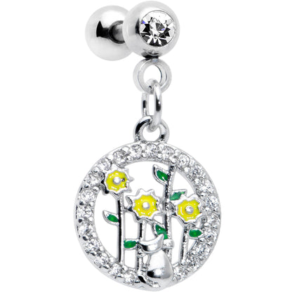 16G 1/4 Clear Gem Cat Yellow Flowers Dangle Cartilage Earring