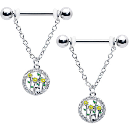 14G 9/16 Clear Gem Cat Yellow Flowers Chain Dangle Nipple Ring Set