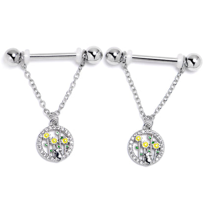 14G 9/16 Clear Gem Cat Yellow Flowers Chain Dangle Nipple Ring Set