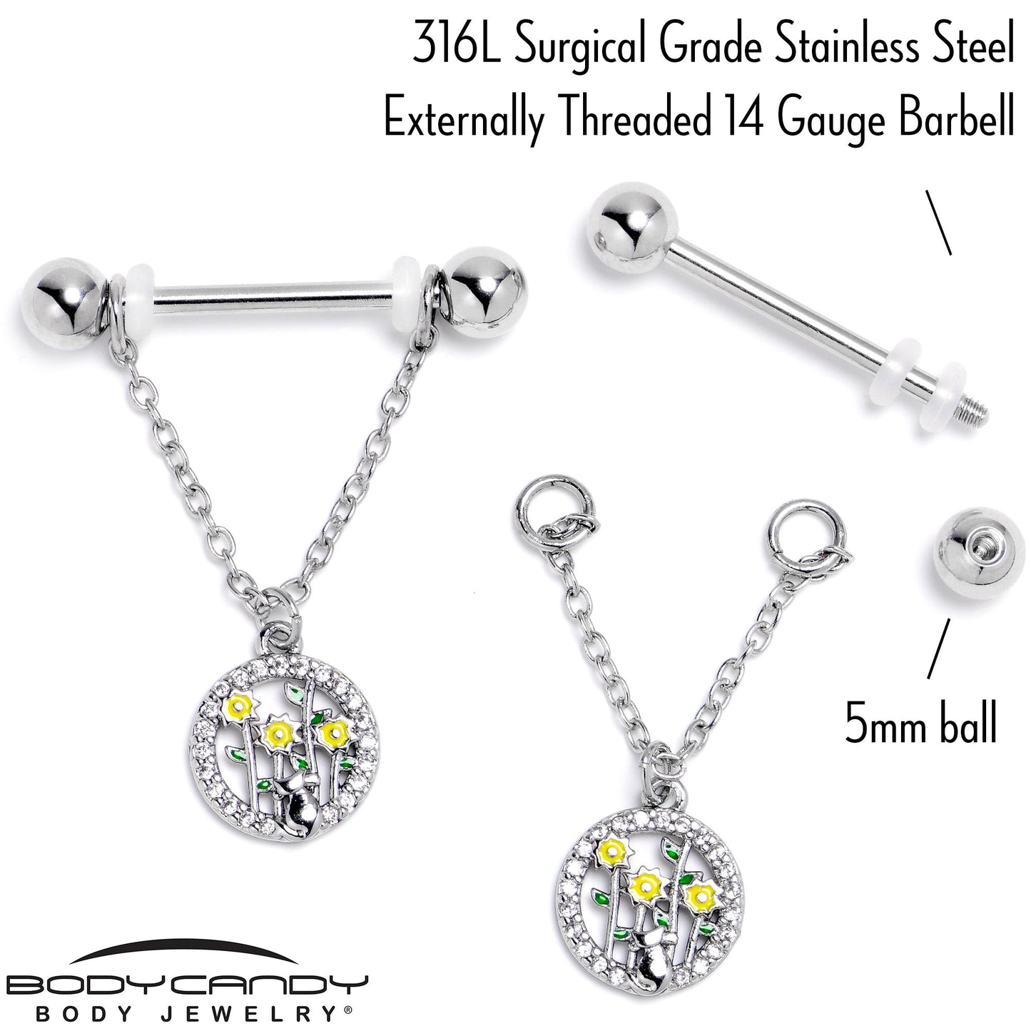 14G 9/16 Clear Gem Cat Yellow Flowers Chain Dangle Nipple Ring Set