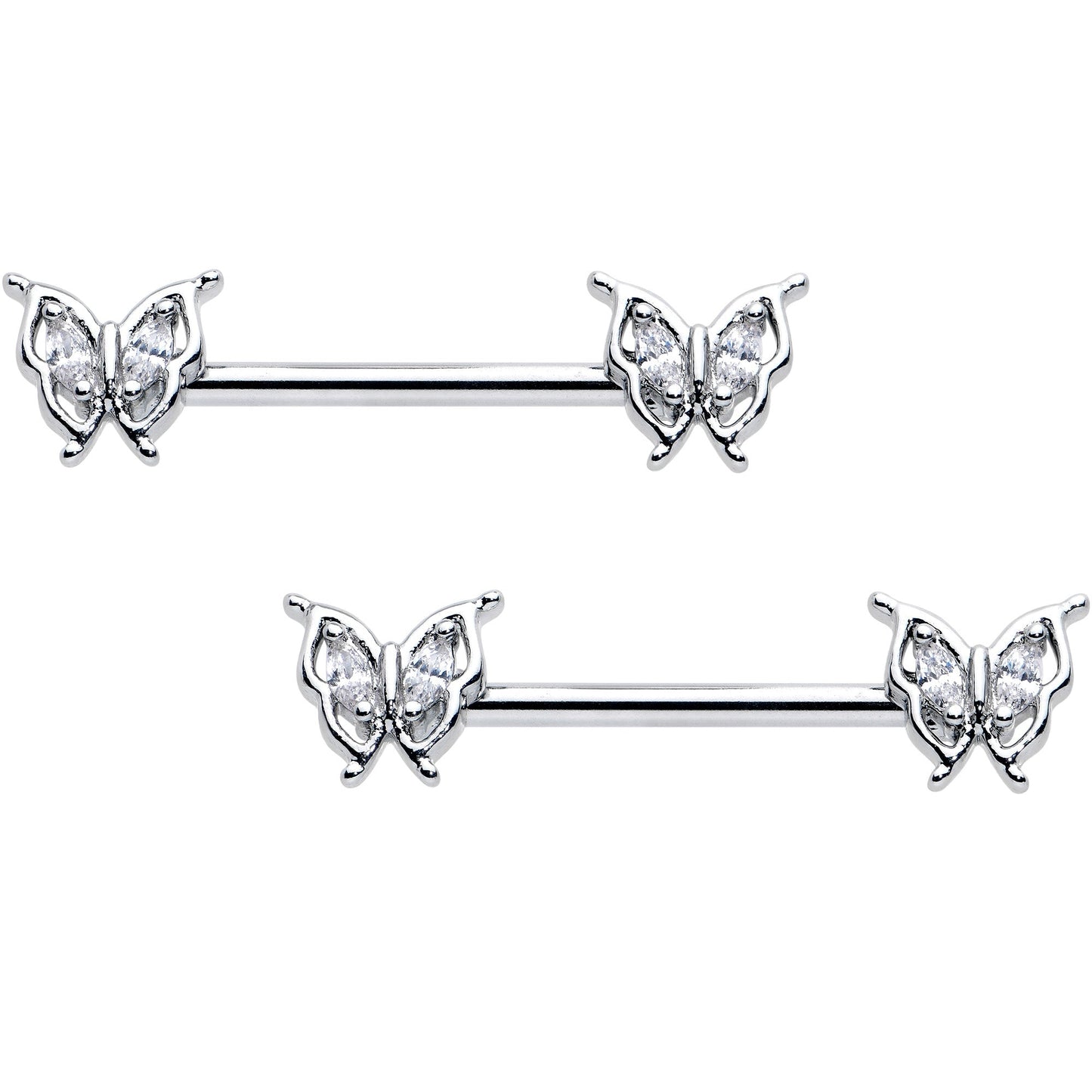 14G 9/16 Clear Gem Fancy Fab Butterfly Barbell Nipple Ring Set